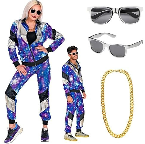 Set 80er Jahre Trainingsanzug für Sie und Ihn - Disco Look in Gr. S bis 2XL - mit Goldkette und Brille S - 165-170 cm Oktober Fest Fasching