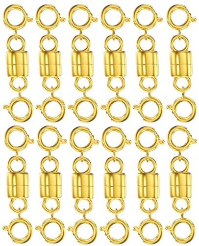 Clysoru Magnetic Necklace Clasps and Closures 14k Gold and Silver Two Spring Clasps Beads Chain Extender Necklaces Bracelet Safety Magnetic Locking Jewelry Clasp Converter (12 pcs Golds)