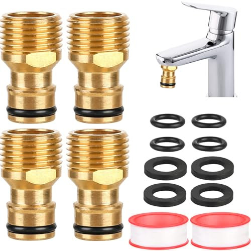 XUSSMM 4 Stück Universal Wasserhahnanschluss, 1/2 Zoll Außengewinde Messing Schlauchverbinder mit Steckkupplung, Wasserhahn Dichtung und Wasserdichtem Band für Wasserhahn Adapter Gartenschlauch