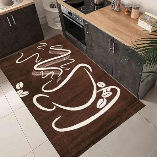 VIMODA Küchenteppich Braun Trendiger Kaffee Teppich, Cappuccino Muster Tasse Kurzflor, Maße:60x110 cm