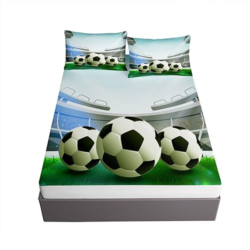 Surwin 3D Fútbol Sabanas, Juego de Sabanas 3 Piezas, 1 Sabana Bajera, 2 Funda de Almohada, Microfibra Sabana Ajustable (120x200x30cm,Fútbol)