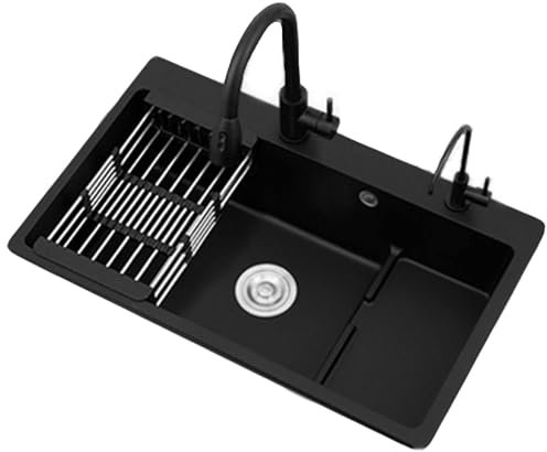 Lavello nero，lavabo cucina，lavandino da esterno in pietra，lavello multifunzione cucina，Con rubinetto estraibile e cestello di scarico telescopico, di grande capacità, adatto per cucine, banchi da lavo