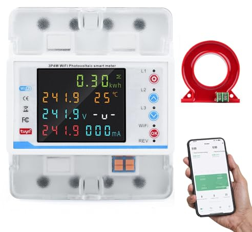 Jadeshay Stromzähler 3 Phasen 4P 100A 380VAC Drehstromzähler Smart Meter 3 Phasen Wlan Balkonkraftwerk Intelligenter Leistungsschalter mit LCD-Farbdisplay Über-/Unterspannungsschutz(With Transformer)