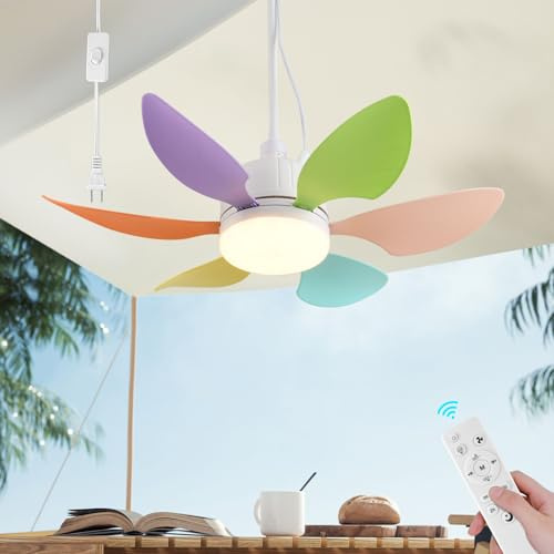 AHAWILL 18.5 Gazebo Fan,Outdoor Plug in Ceiling Fans with Lights,3 Color Dimmable 3 Fan Speeds,Portable Hanging Ceiling Fan for Patios,Tent,Indoor.Colorful Blades