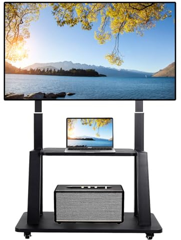Maiproo Mobil TV-stativ rullande TV-vagn med hjul för 42–86 tum platt/böjd LED/LCD/OLED höjd justerbar kraftigt golv bärbar TV-stativ på hjul med bärbar DVD-hylla rymmer upp till 190 kg