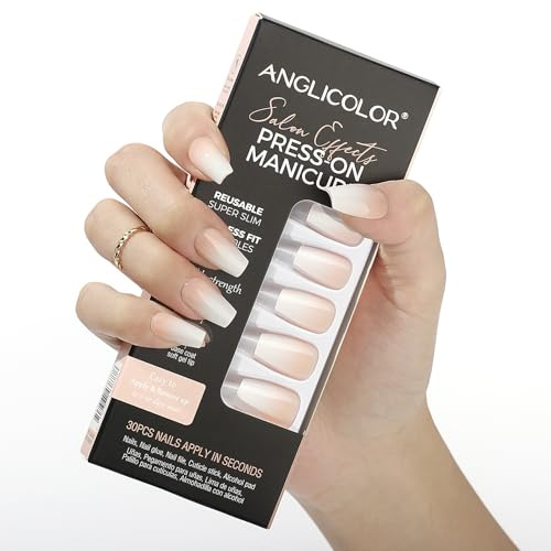Anglicolor Press On Nails,Press-On-Nägel mit French Tip, Press-On-Nägel kurz, kurze Mandelnägel, 30 Stück weiche Gel-Kunstnägel in 15 Größen (A105, 30 Stück)