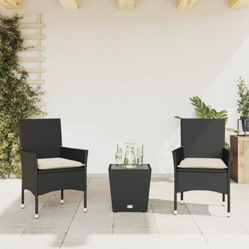 Tidyard 3-TLG.Bistroset Bistro-Set Balkonset mit Kissen | Gartentisch Gartenmöbelset Gartengarnitur Gartenstul | Sitzgruppe Garnitur Bistrotisch Stehtisch Balkonstuhl Schwarz Poly Rattan und Glas