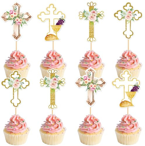 Blumomon 24 Stück Christentum Cupcake Topper Dekoration Farbe Glitter Christian Kreuz Cupcake Dekorationen für Religion Thema Babydusche Party Zubehör