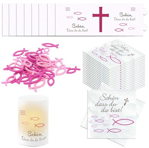 Tovaglioli a Forma di Pesce, Decorazione per Battesimo, Bambino，Set di Decorazioni per la Prima Comunione e Cresima - Tovaglioli, Candele Decorative e Ornamenti in Legno per Ragazzo e Ragazza