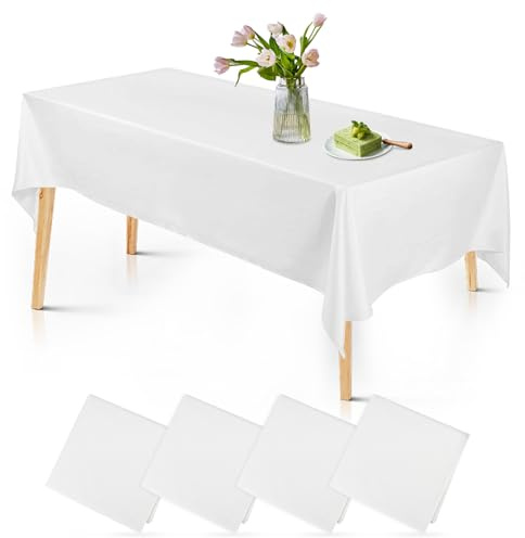 TOSAVGA 4 pcs Nappes Blanche Jetables, Nappe Rectangulaires 137 X 274 cm, Nappe Jetables Effet Tissu Impermeable, Nappe de Table pour Anniversaire, Fête, Mariage, Barbecue
