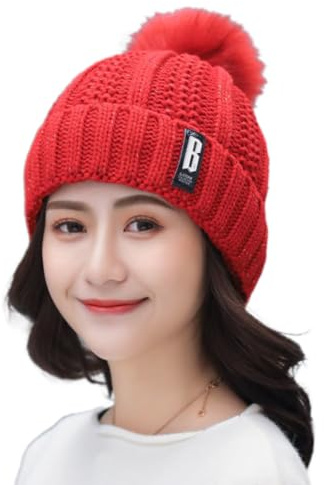 Blausky Mütze Damen,Atmungsaktiv Strickmütze Elegant Wintermütze Slouch Beanie Mütze mit Kunstfell Bommel Warme Pudelmütze Bommelmütze Warme Gefütterte Mütze für den Täglichen Gebrauch,Schwarz