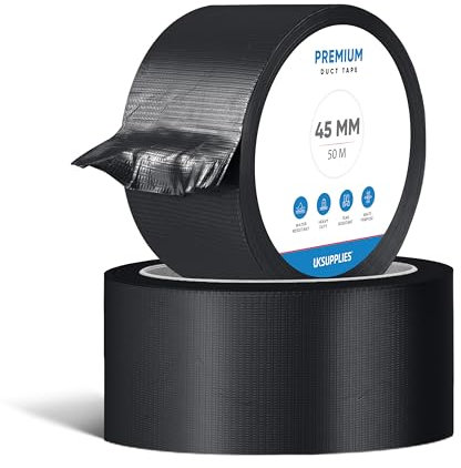 UK SUPPLIES LIMITED Black Duct Tape 45mm x 50m Super Sticky & Waterproof Gaffa Tape Adhesive Cloth Repair Multi-Use for Indoor/Outdoor Strong Adhesive Gaffer Tape (Pack of 2)