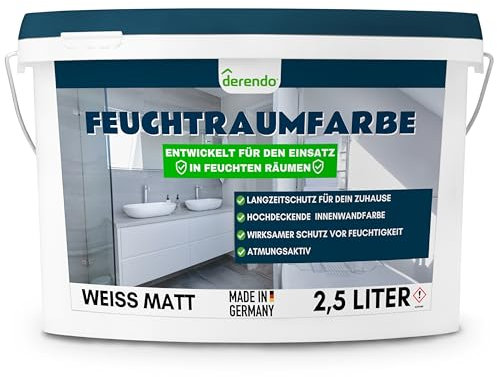 derendo Feuchtraumfarbe für Bad, Küche & Wohnräume, Wandfarbe weiß mit Langzeitschutz vor Feuchtigkeit Atmungsaktive Farbe feuchtigkeitsregulierend 2.5l Weiß, hohe Deckkraft (2,5 Liter)