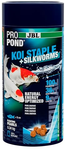 JBL PROPOND KOI Staple+Silkworms 0,34 kg (1 L) | Alimento para Todo el año Perlas para Koi | Ácidos grasos proteínas de Insectos | Nutrición Adecuada | flotantes | a Partir de 10 °C