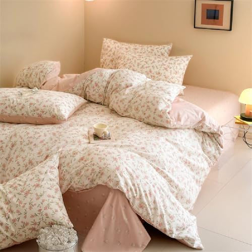 Lanqinglv Bettwäsche 155x220 Baumwolle Rosa Blumen Aesthetic Mädchen | Oeko-TEX,Renforce Baumwolle,für Allergiker,Pflanzen Wendebettwäsche Bettbezug mit Reißverschluss und 1 Kissenbezug 80x80 cm