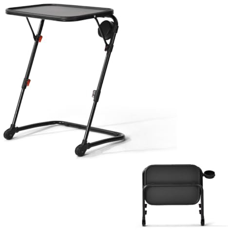 FurnitureR - Mesa Auxiliar portátil Plegable con portavasos, Soporte para Ordenador portátil de Metal Negro para Dormitorio, Bandeja versátil, Altura y ángulo Ajustables, 53 x 37 x 70 cm