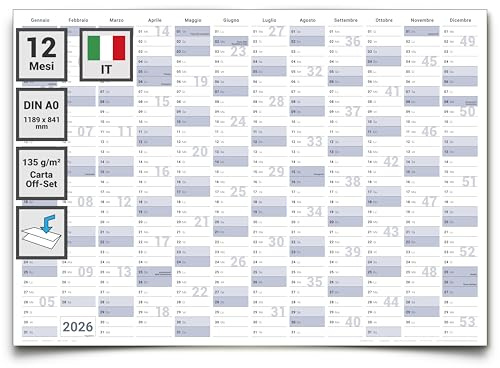Gigatime 1x Din A0 Calendario da Parete 2026 – Organizzatore Annuale Grande Formato 118,8 x 84,0 cm, Materiale 135g/m², Piegato – Calendario in Italiano