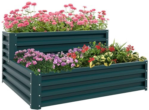 Outsunny Huerto cuadrado de acero galvanizado elevado cama de jardín abierto de fondo 2 niveles para hierbas verduras frutas flores 120 x 101 x 58 cm verde