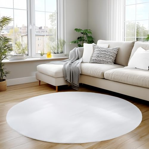 Carpettex Runder Teppich Weiss 80 cm- Kurzflor Teppich Waschbar, rund, weich & rutschfest, modern einfarbiges Design für Wohnzimmer, Küche Schlafzimmer, & Kinderzimmer