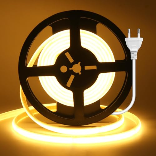 Wisada Anschluss an AC220-240V COB Stripe, Schnitt alle 10cm, Innen COB Band Selbstklebeband mit Stecker,240LEDs/m Flexible Superhell CRI≥85 LED Streifen für Weihnachten (Warmweiß，1m)