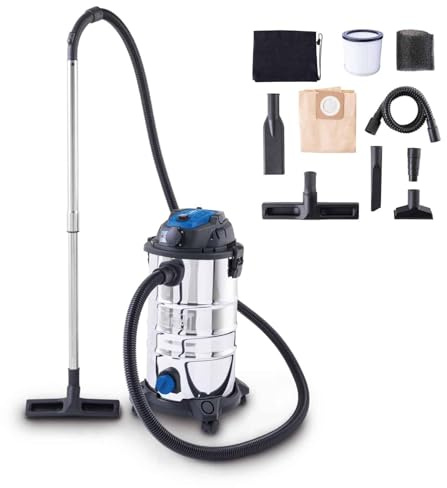 Scheppach Nass- / Trockensauger VC30 Premium | 30L Edelstahlbehälter & Zubehör | 1200W Leistung | 20kPa Saugleistung | Teleskoprohr, Werkzeugsteckdose sowie Schnellverschluss | 6m Kabel 3m Schlauch