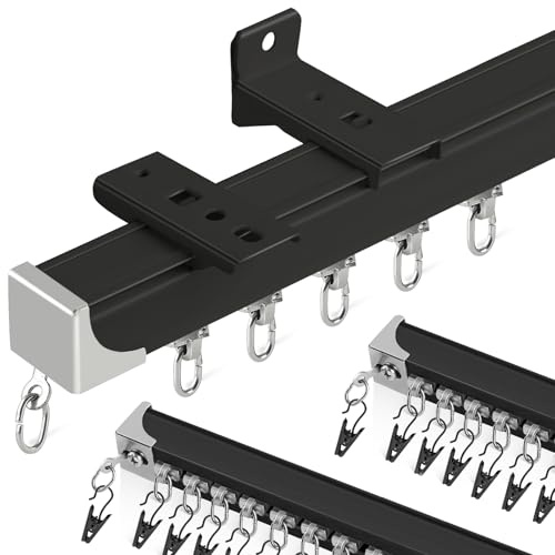 Ceiling Curtain Track, 3Ft-9Ft Heavy Duty Curtain Tracks Ceiling Wall Mount, Aluminum Curtain Rails Track System Curtains, Room Divider, Black (3PCS)
