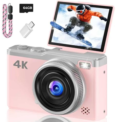 Camara de Fotos Digital 4K - Maxmango 64MP Cámara Digital con Pantalla Abatible 180° - 2.4 Vlogging Cámara Compacta con 64GB Tarjeta - Zoom 16X para Principiantes Adolescentes - Rosa