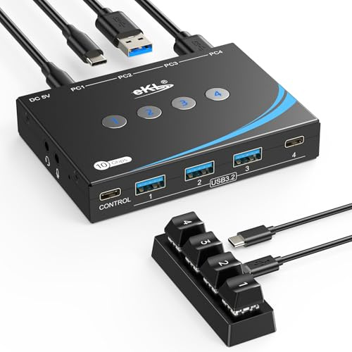 eKL Commutateur USB 3.2 pour 4 ordinateurs, 2 entrées USB-C + 2 entrées USB-A 10 Gbit/s, partagez 1 USB-C + 3 périphériques USB-A comme une souris, un clavier, une imprimante, un scanner, avec micro