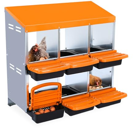 Legenest für Hühner 6 Abteile, Legkammer 81 x 52 x 79cm, Stabiler und Korrosionsbeständiger Nistkasten aus Metall, Bodenlöchern und Ruheplattform, Passend für Verschiedene Hühnerrassen, Orange