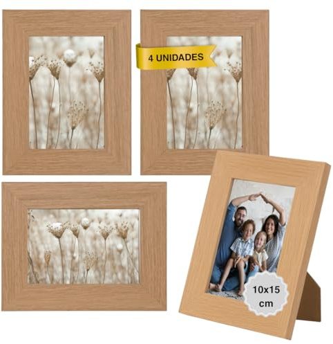 MARCOFOTO Marco de Fotos para Pared - Set de 4 Portafotos MDF con Cristal, uso vertical u horizontal - Decoración hogar u oficina, diplomas - Color Madera 10x15 cm