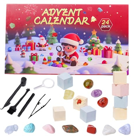 Calendrier de compte à rebours de Noël - Crystal Rock Kit de 24 boîtes - Activités de vacances amusantes et éducatives pour enfants, filles, salle de classe, fête, décoration de famille
