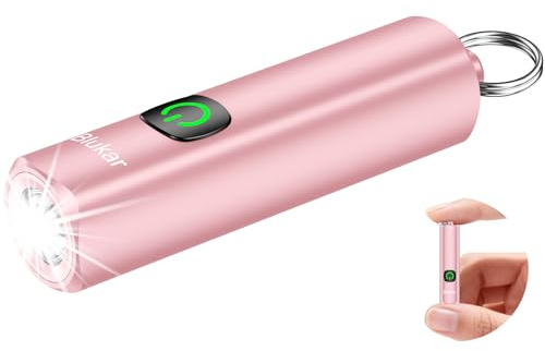 Blukar Mini Torcia LED Ricaricabile, Super Luminoso Torcia EDC Tascabile con Portachiavi, 3 Modalità, Funzione di Memoria, Impermeabile Portatile Flashlight per Campeggio/Pesca/Emergenza-Rosa