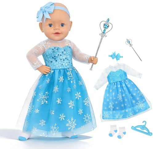 Atomvia Puppenkleidung 35–43 cm Prinzessin Kleid Set, Blaues Schneeflocken Tüllkleid mit Socken, Herz Zauberstab, Haarband & Kleiderbügel, Zubehör für 14–18 Zoll Puppen(Ohne Puppe)