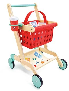 Hape Little Shopper Einkaufswagen aus Holz – Kinder Einkaufswagen mit Korb & Zubehör – Kaufladen Zubehör & Rollenspielzeug – Motorikspielzeug für Kinder ab 2 Jahren