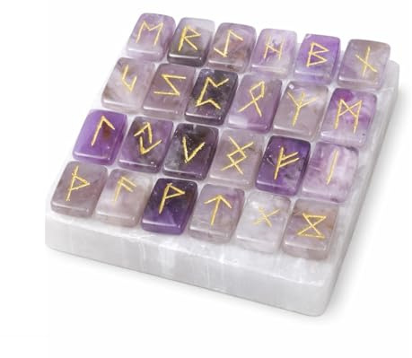 KULIA® Kristallrunset med 1 selenitplatta – 25 graverade ametistkristallstenar Reiki symbolstenar med graverade äldre futhark-runor för nybörjare Chakra-kompensationsaltdekoration