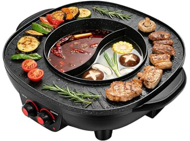 Appareil à fondue chinoise avec grill 2 en 1, Appareil À Fondue Électrique avec Grill 4000W, Hot Pot Chinois 2 en 1 Barbecue Coréen de Table, Marmite Multifonction 5-6 Personnes 26cm