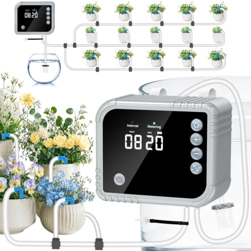 Upifen Bewässerungssystem Automatisches bewässerung Tropfbewässerung für pflanzenbewässerung indoor, LCD-Display, versorgt bis zu 15 Töpfe, 350 Modi für Urlaub,Balkon