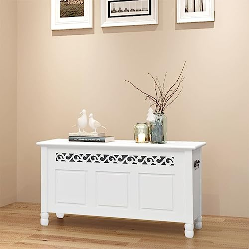 Ziaphsol Förvaringsbänk barockstil MDF vit 96 x 32 x 51 cm, förvaringsutrymme under sitsen, som sittkista och skobänk för hall hall sovrum vardagsrum