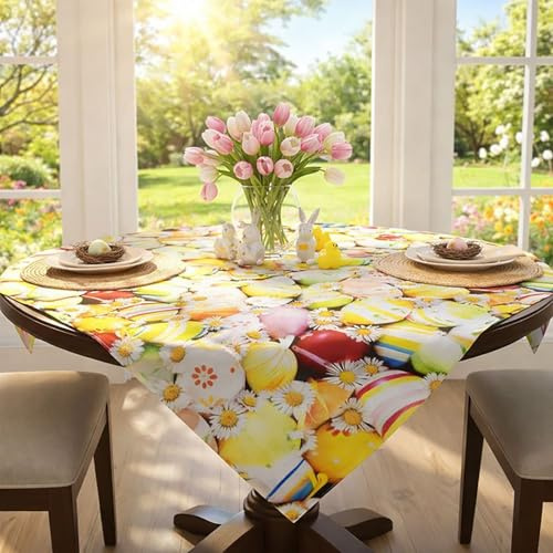 KAMACA Tischdecke Frühling & Ostern – Dekorative Oster Tischdecke mit Blumen, Hasen & Ostereiern, bunt Bedruckt, waschbar – Tischdekoration für Küche & Esstisch (85x85 cm, Ostereier)