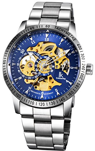 Alienwork IK Automatisk Klocka Herr Dam Silver Metall-Armband Blå Skelett