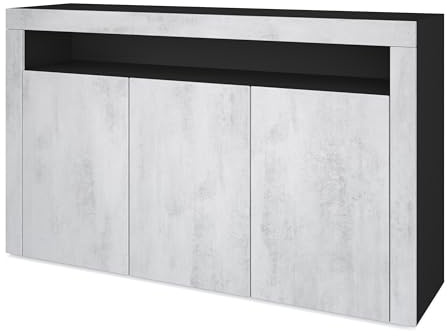 Vladon Sideboard Valencia, Kommode mit 3 Türen und 1 offenem Fach, Schwarz matt/Beton Oxid Optik (155 x 92 x 40 cm)