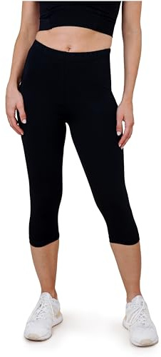 SES Capri-leggings för kvinnor av bomull 32–34 till 56–58/ogenomskinliga damleggings capri-leggings/elastiska damleggings 3/4 långa bomull/damcaprileggings med perfekt passform, svart, 32-34