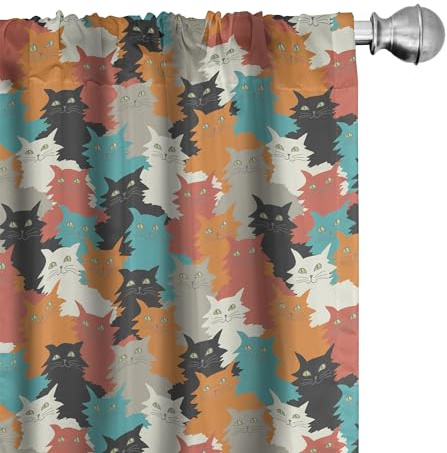 Ambesonne Kittens Curtains, Funny and Colorful Cats Messy Furry and Fluffy Whiskers Purr Cheerful Print, Window Treatments 2 Panel Set for Living Room Bedroom Decor, Pair of - 28 x 63, Teal Orange