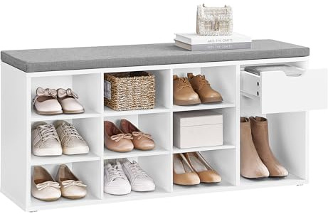 VASAGLE CUSTOS Collection - Storage Bench, Entryway Bench with Cushion, Drawer and Open Compartments, Bench with Storage, Living Room, Bedroom, Closet, White and Gray ULHS24WT
