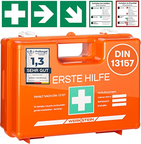 WERKSTEIN® Erste Hilfe Kasten [DIN 13157:2021] inkl. Wandhalterung, 5x Aufkleber & Plombe - Verbandskasten Betrieb - Erste Hilfe Koffer für Betrieb, Büro & Zuhause - Erste Hilfe Set - Sanitätskasten