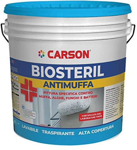 Colorificio Carson Biosteril Pittura Anti Muffa Alghe Funghi Traspirante Antibatteria Idropittura Lavabile Bianca (14 Lt)