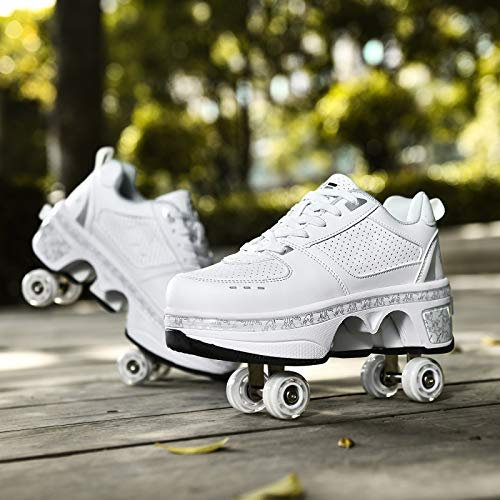 JTKDL Inliner FüR Kinder, Rollschuhe Madchen Verstellbar, Inline-Skate, 2-in-1-Mehrzweckschuhe, Verstellbare Quad-Rollschuh-Stiefel,Silver-EU35/UK2
