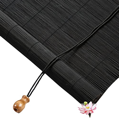 FENGSHOUU Natür Bambus Rollo Bambusrollo,Büro Seitenzug Fensterrollo,Holz Jalousine,Retro Raffrollo Faltrollo,lichtdurchlässig und verdunkelnd Wandmontage Sichtschutz,60% Blackout,Schwarz (145x180cm)