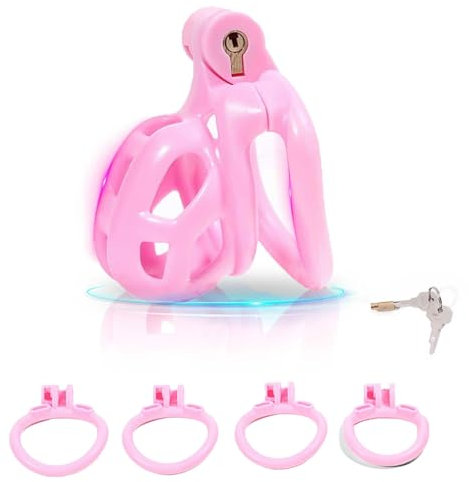 QgLust pink harz Peniskäfig Belüftung Peniskäfig Keuschheitsgürtel Set mit 4 Cockringe Klein Keuschheit Keuschheitskäfig Mann Bondage Extrem für Männer Keuschheit Penis Käfig rosa(XS)