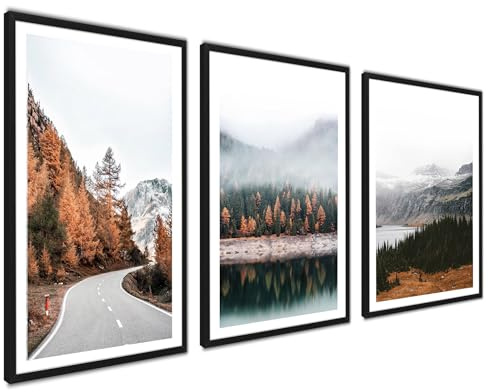 3er Set Poster 50x70cm Ohne Rahmen Wanddeko Wohnzimmer Ideal als Geschenk | Landschaft Berge Wald Braun Gold Bilder als Wanddeko Wohnzimmer & Schlafzimmer, Modernes Design, Hochwertige Qualität, Flur